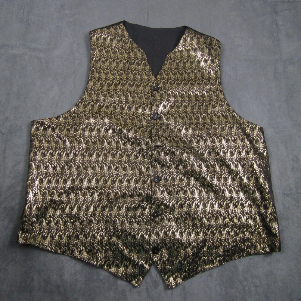 Formal Vest Men 4XL Gold Black Metallic Jacquard Tuxedo Waistcoat Wedding
